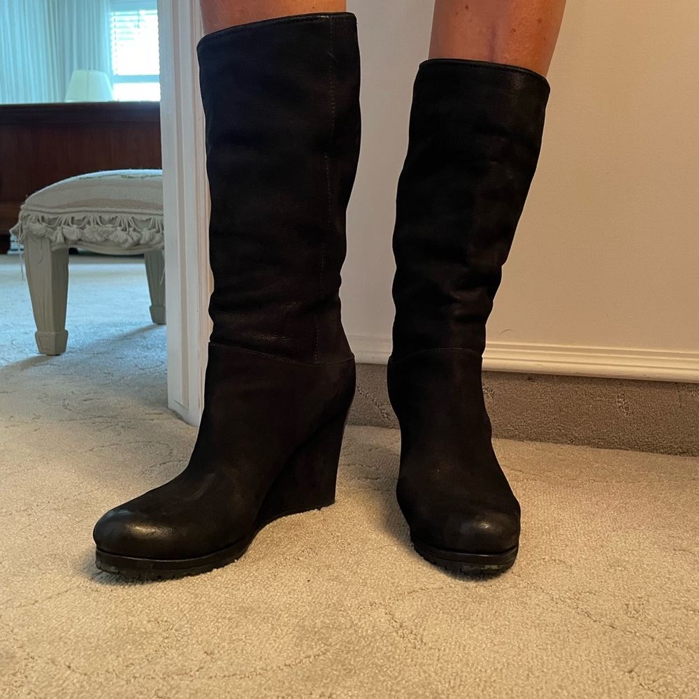 Barely worn black suede Prada boots.  Size 8 1/2.  4” wedge heel